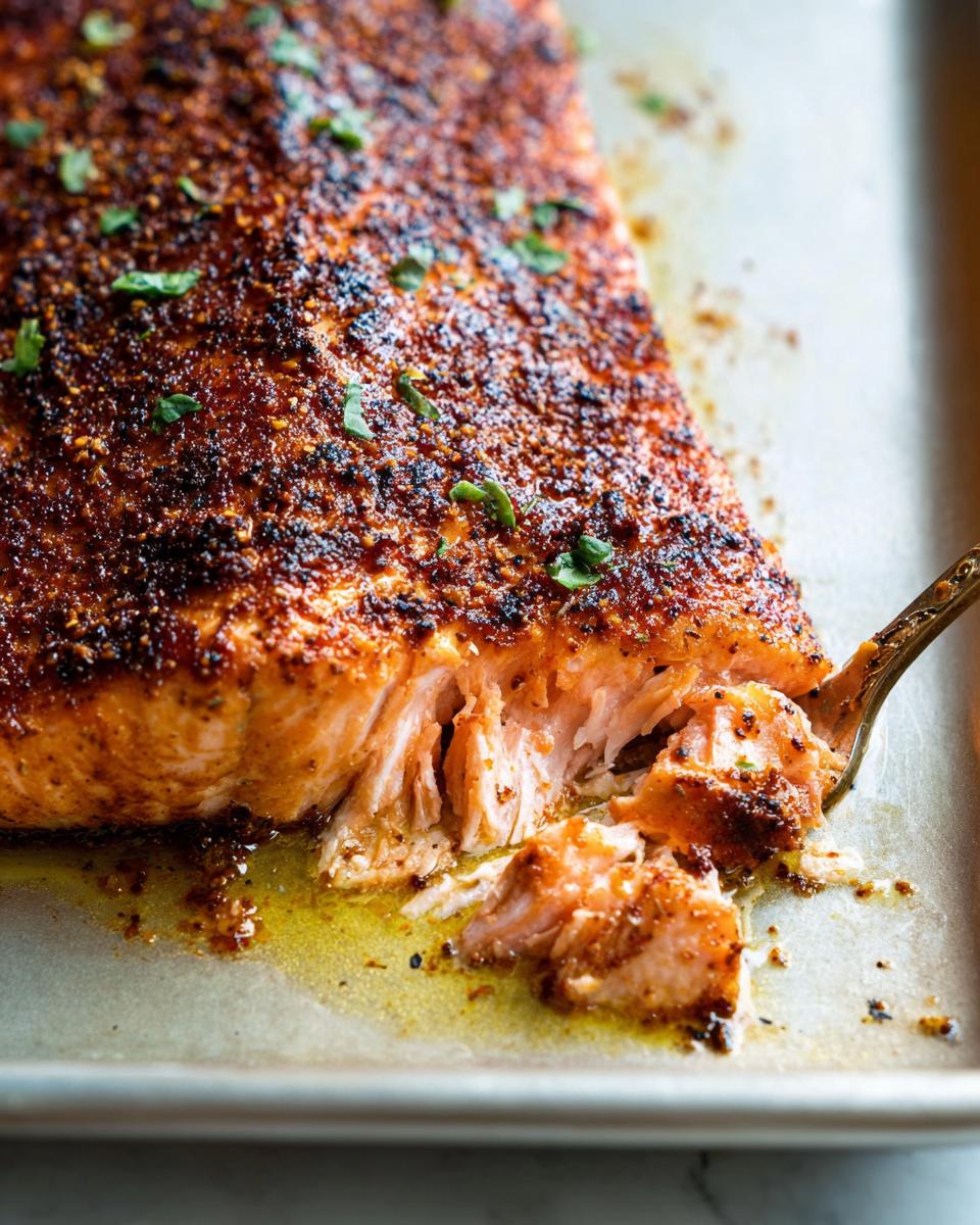 A fork flaking a piece of perfectly cooked salmon, showcasing its flaky texture and seasoned crust.