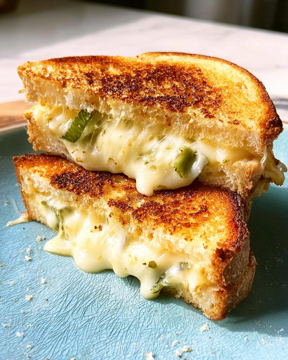 A gooey jalapeno grilled cheese sandwich, cut in half, showing melted cheese and green jalapeno slices.