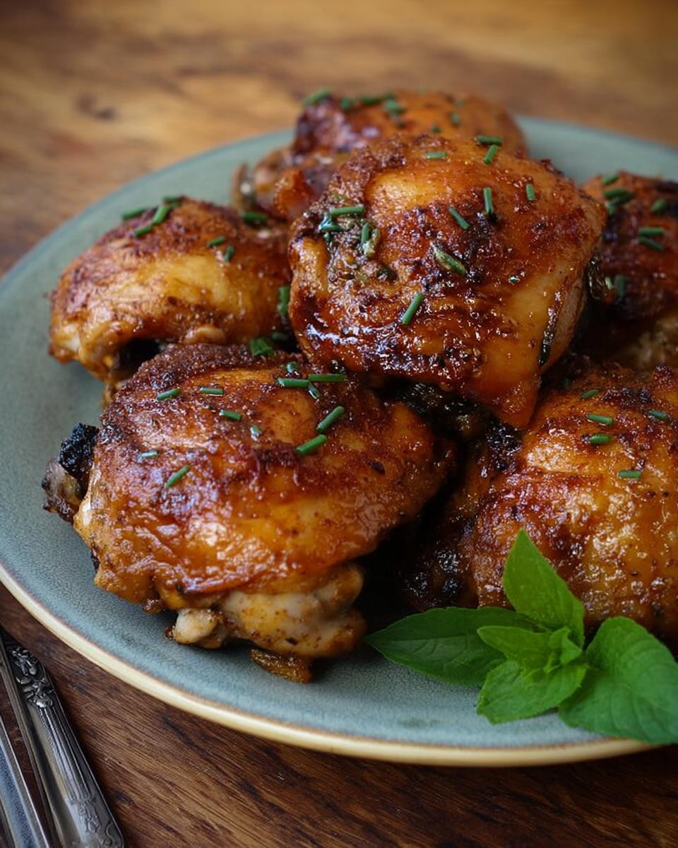 A plate of juicy, golden-brown chicken thighs seasoned and garnished with chives, perfect for chicken thigh recipes.