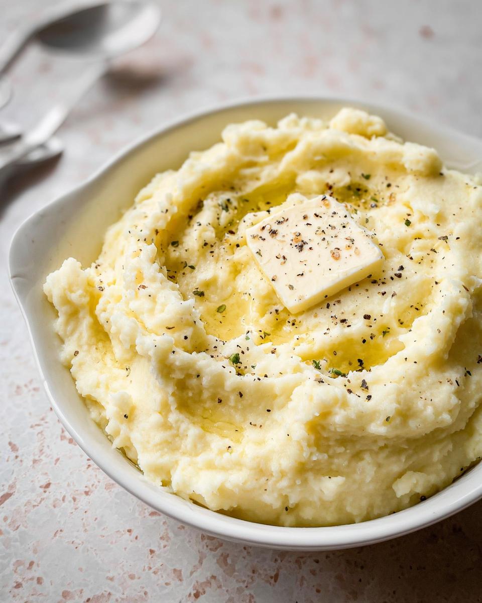 A close-up of creamy Keto Mashed Potatoes topped with a pat of butter and sprinkled with herbs and pepper.
