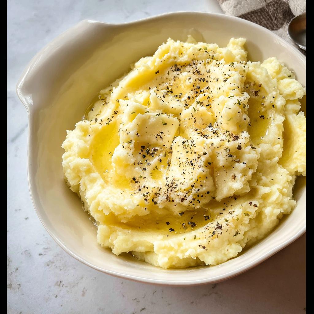 A close-up of creamy keto mashed potatoes topped with melted butter and herbs, perfect for when you crave mashed potatoes.