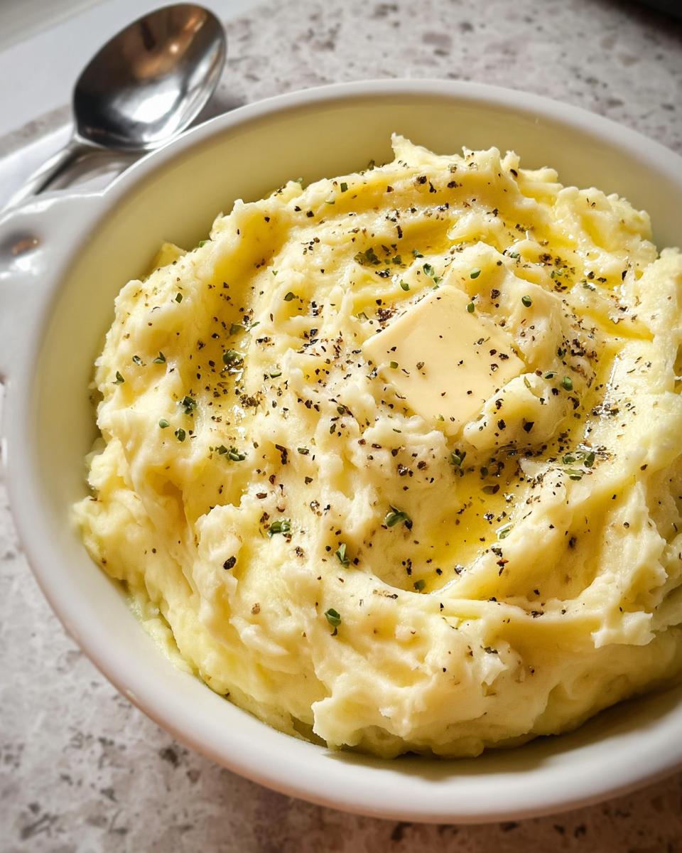 A close-up of creamy keto mashed potatoes topped with butter, herbs, and black pepper in a white bowl.