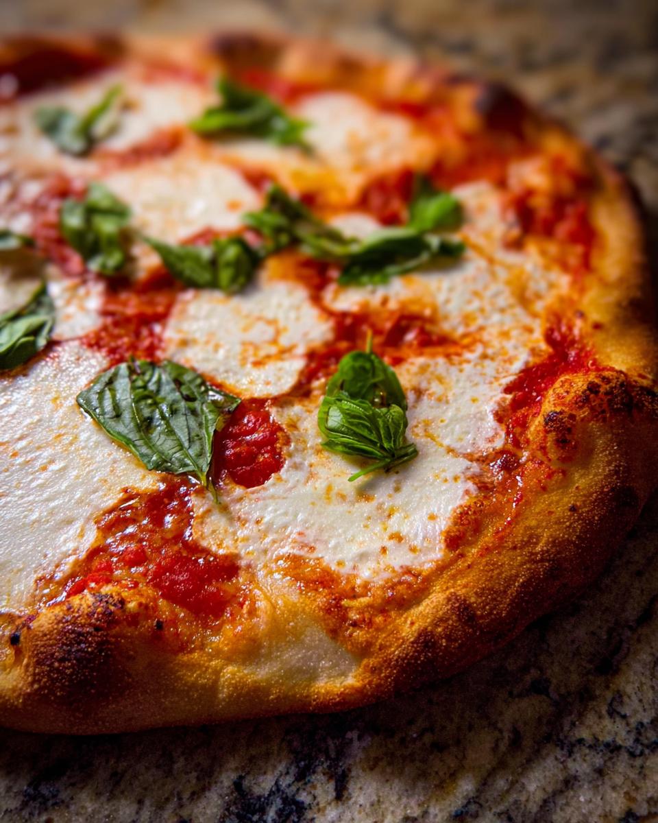 Close-up of a freshly baked keto pizza with melted mozzarella cheese, tomato sauce, and fresh basil leaves.