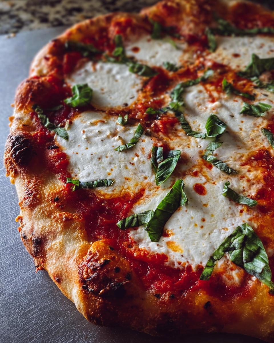 Close-up of a freshly baked keto pizza with melted mozzarella cheese, tomato sauce, and fresh basil leaves.