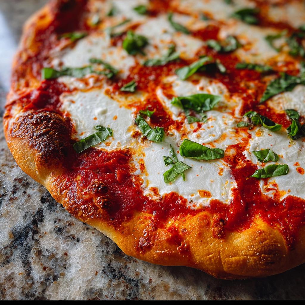 Close-up of a delicious keto pizza with melted mozzarella, tomato sauce, and fresh basil leaves.
