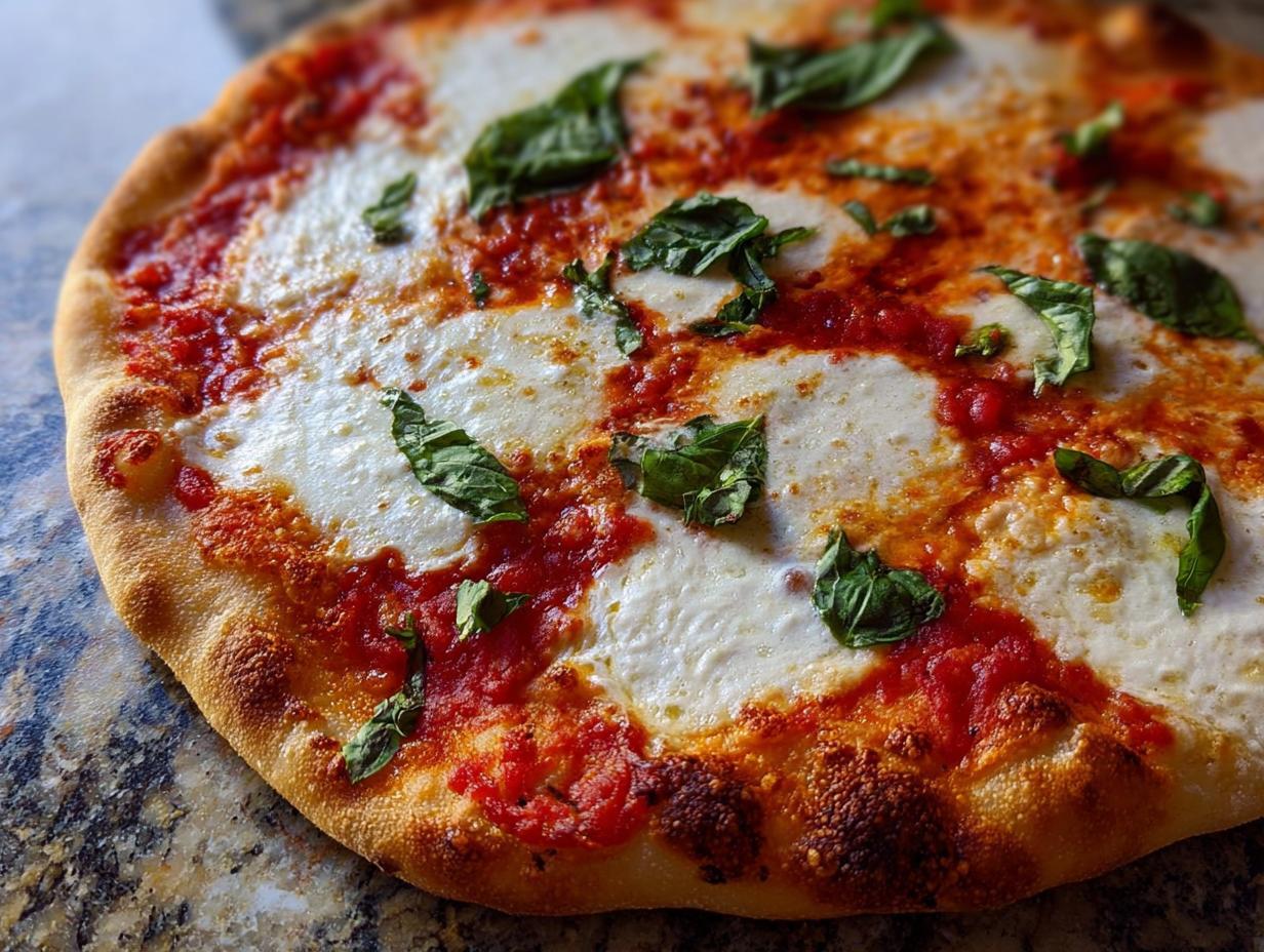 Close-up of a freshly baked keto pizza with melted mozzarella, tomato sauce, and fresh basil leaves.