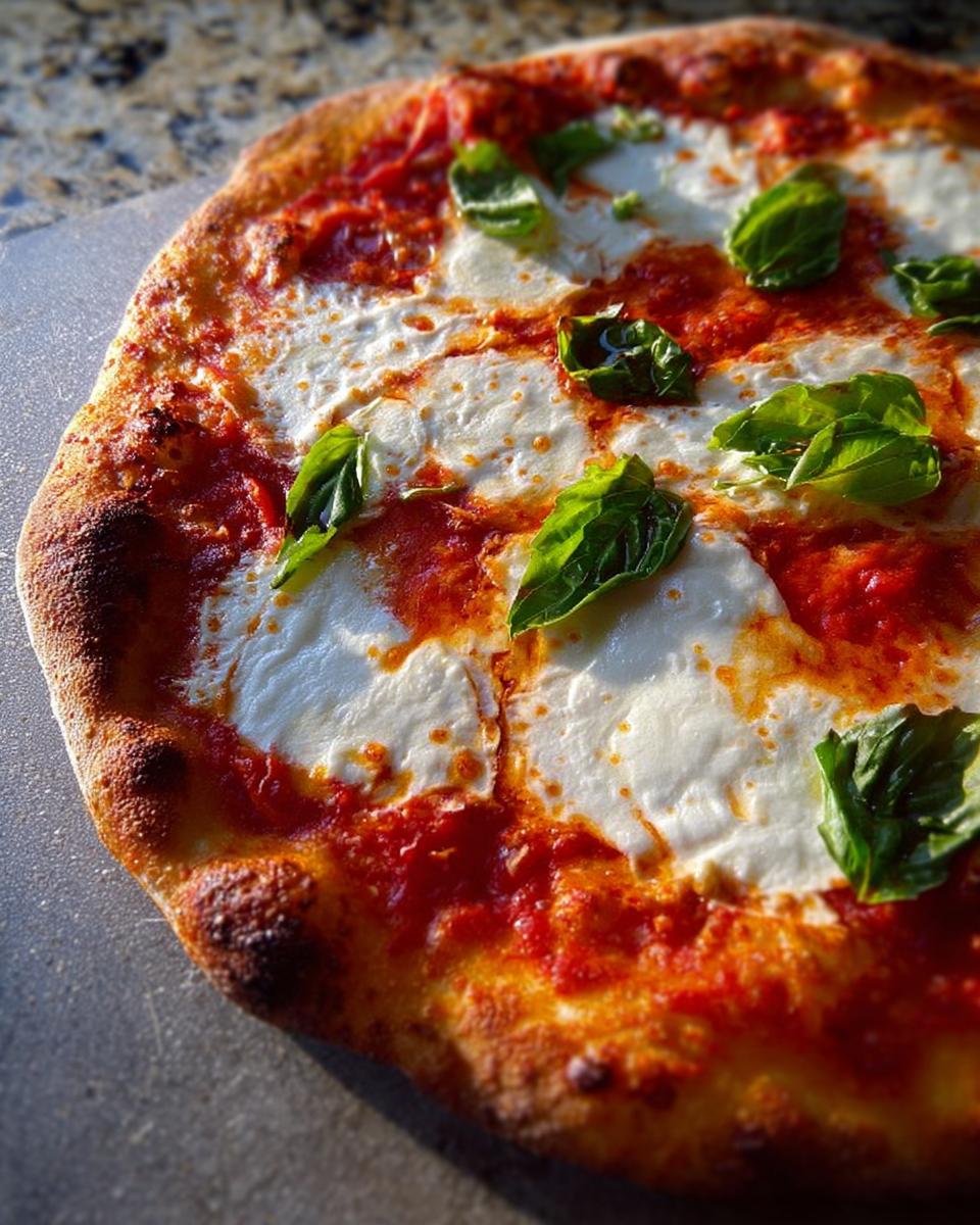Close-up of a freshly baked keto pizza with melted mozzarella, tomato sauce, and basil leaves.