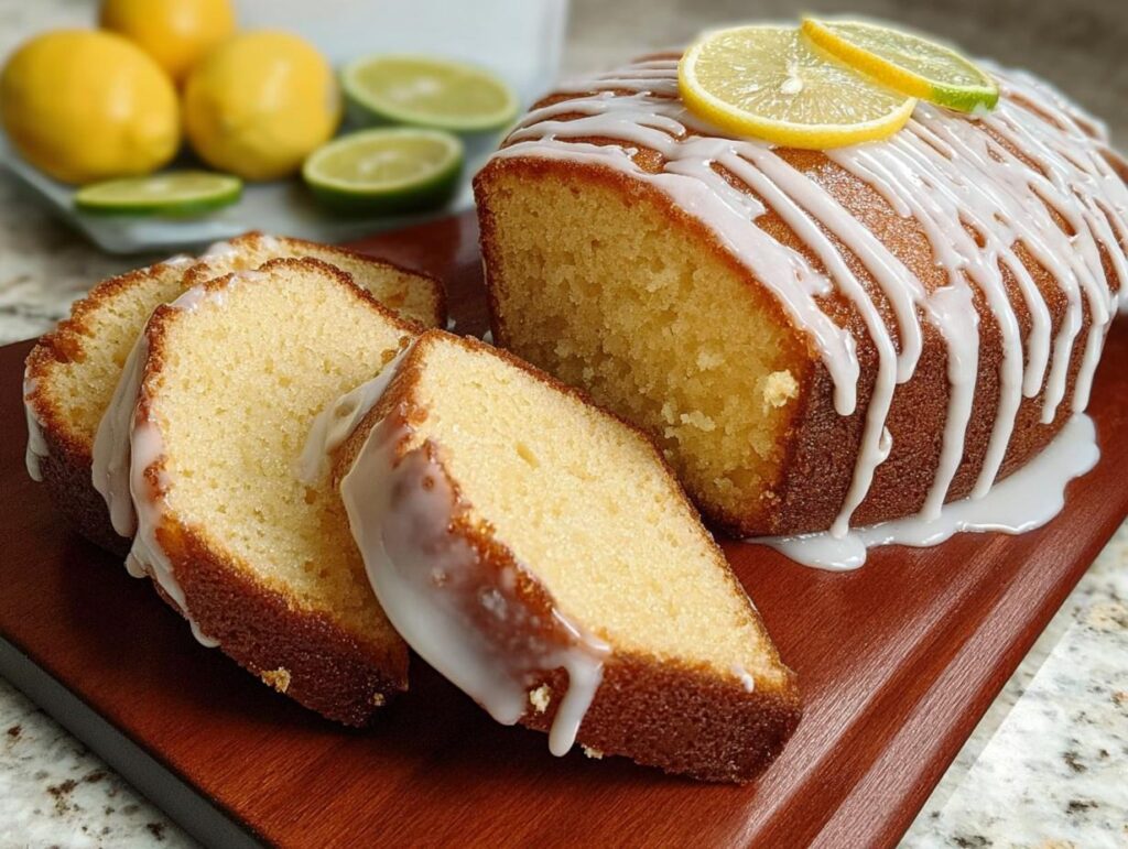 A delicious lemon cake recipe with slices cut, topped with white icing and lemon slices.