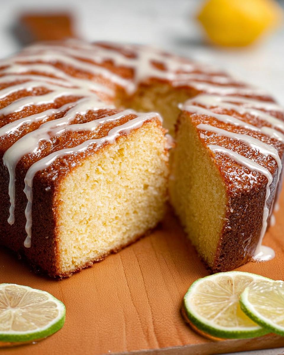 A slice of moist lemon cake drizzled with white icing, garnished with lime slices.