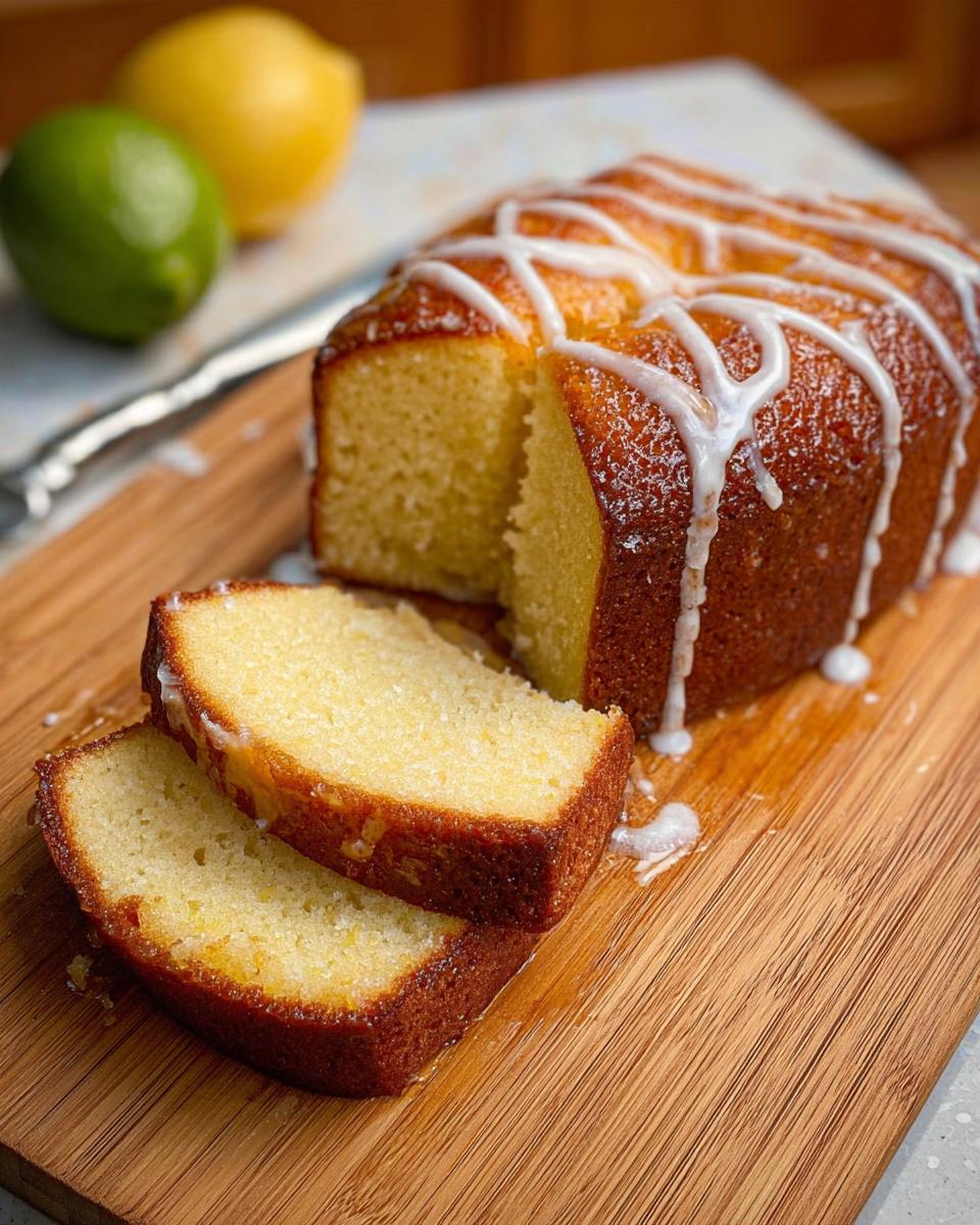 A delicious lemon cake recipe idea with a drizzle of icing and two slices cut, with a lemon and lime in the background.