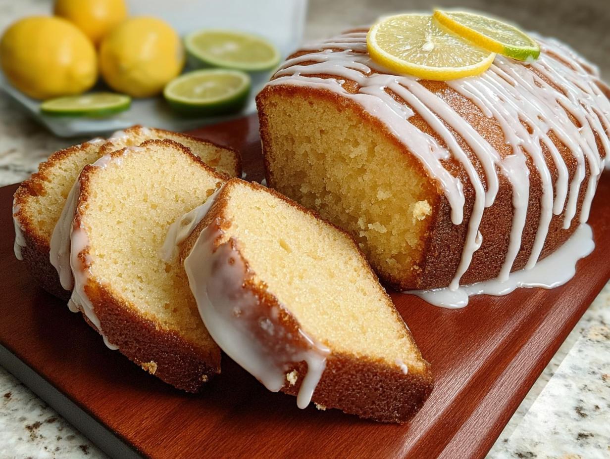 A delicious lemon cake recipe with slices cut, topped with white icing and lemon slices.