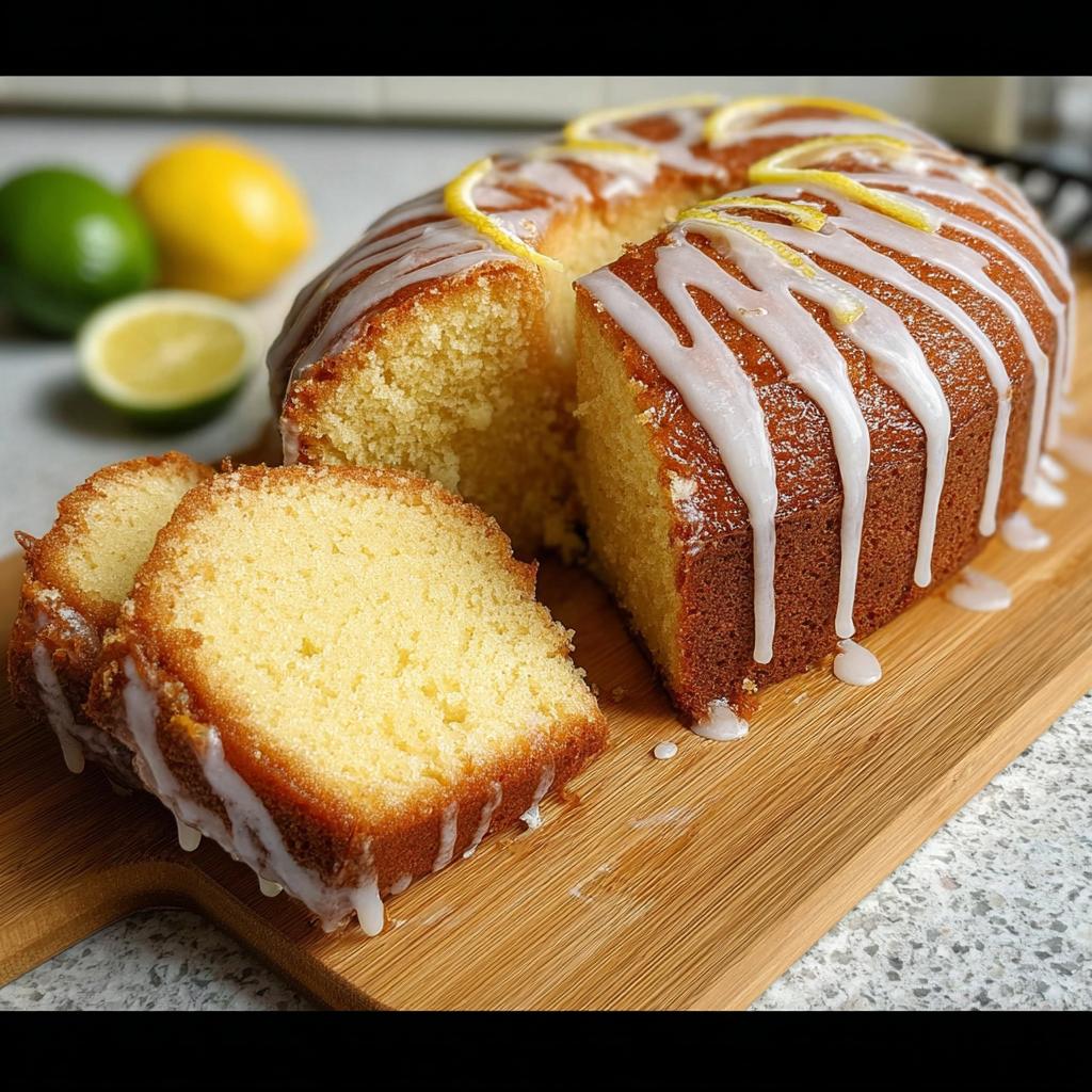 A delicious lemon drizzle cake, sliced, with fresh lemon and lime garnishes. Perfect for cake ideas recipes when you crave cake.