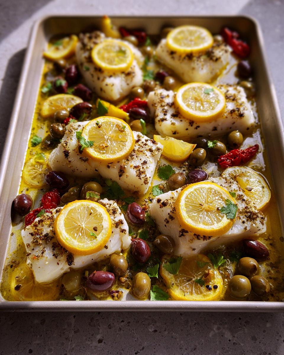 Lemon herb baked cod with olives and sun-dried tomatoes on a baking sheet, a quick and delicious side dish.