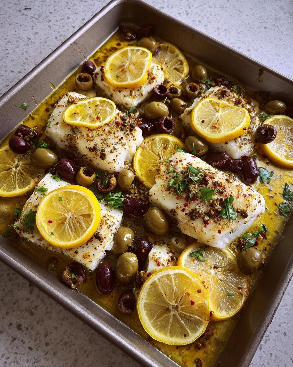 Lemon herb baked fish with olives and lemon slices in a baking dish, a quick veggie side.