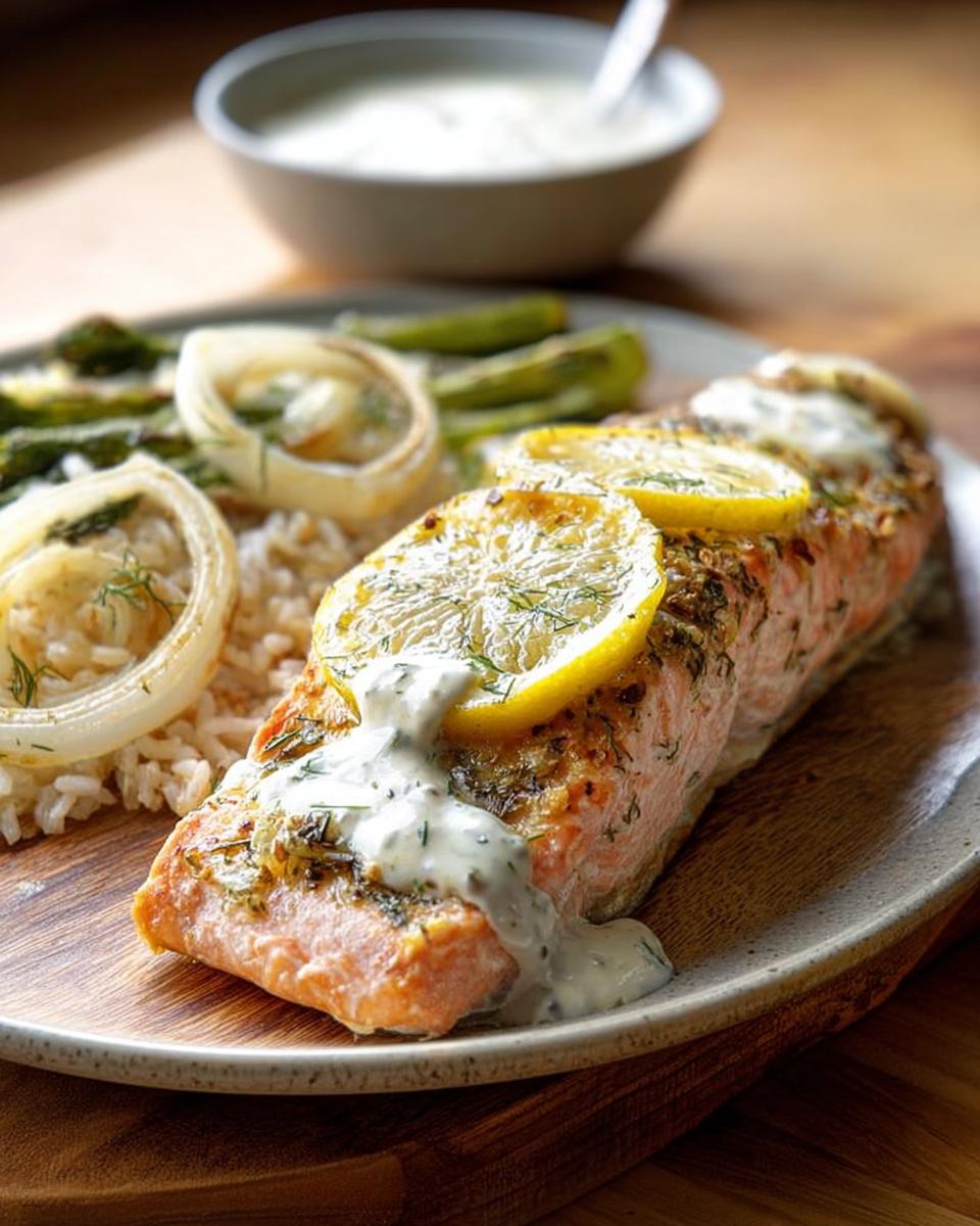 A close-up of a baked salmon fillet topped with lemon slices and dill, served with rice and vegetables. One of 20 Genius Salmon Recipes.