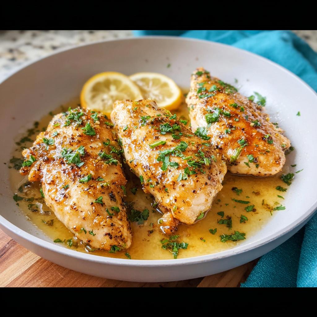 Three tender lemon herb chicken breasts in a light sauce, garnished with parsley and lemon slices, perfect for busy weeknights.