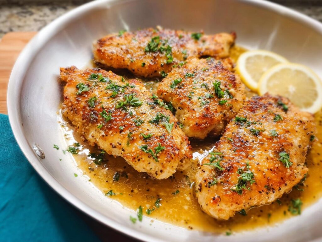 Four pan-fried chicken breasts with a lemon herb sauce and parsley, a quick meal idea.