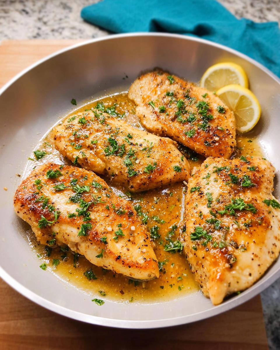 Four pan-seared chicken breasts in a buttery lemon herb sauce, garnished with parsley and lemon slices. A quick and healthy meal.