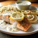 Two perfectly cooked salmon fillets topped with a lemon slice and creamy herb sauce, served with rice and roasted vegetables.