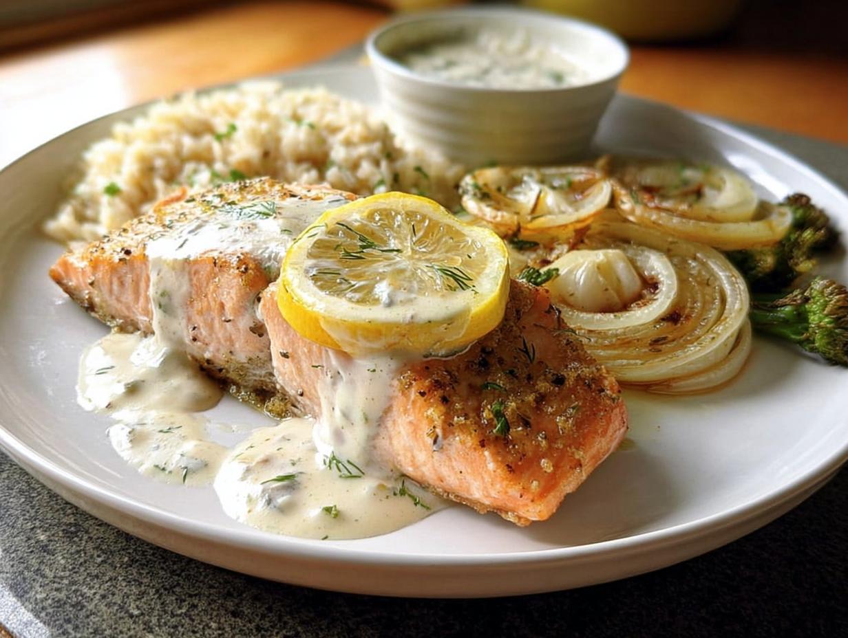 Two perfectly cooked salmon fillets topped with a lemon slice and creamy herb sauce, served with rice and roasted vegetables.