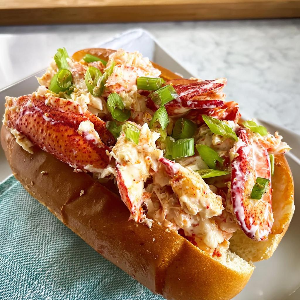 A close-up of a lobster roll sandwich, overflowing with fresh lobster meat and chopped green onions.
