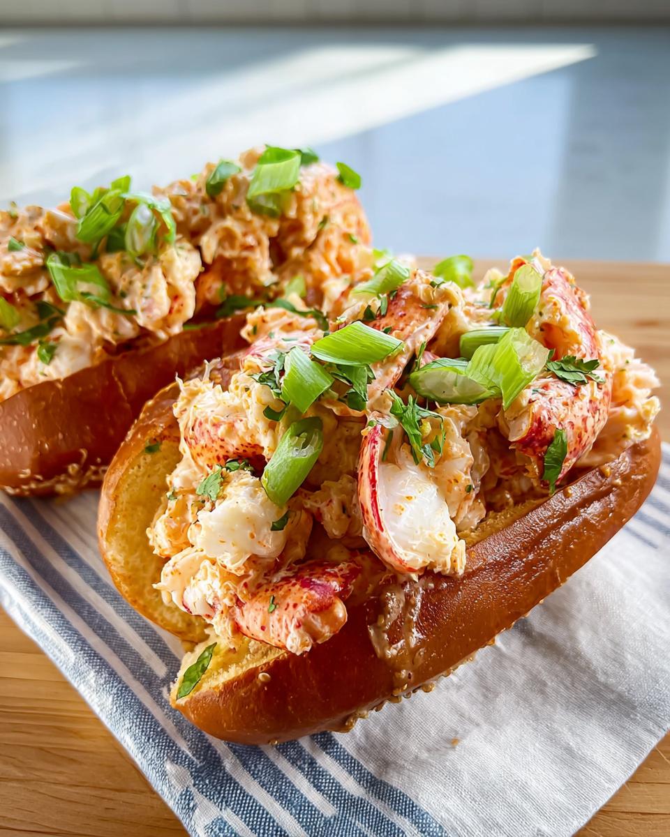 Two delicious lobster roll sandwiches filled with fresh lobster meat and garnished with green onions.