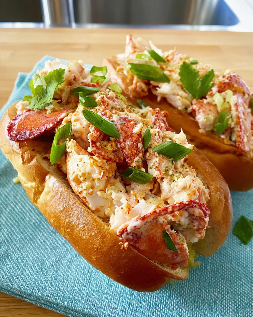 Two gourmet lobster roll sandwiches generously filled with lobster meat, garnished with green onions.