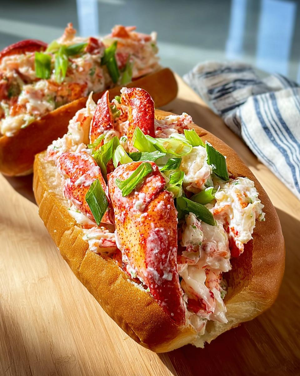 Two delicious lobster roll sandwiches overflowing with lobster meat and green onions, part of sandwich ideas for beginners.