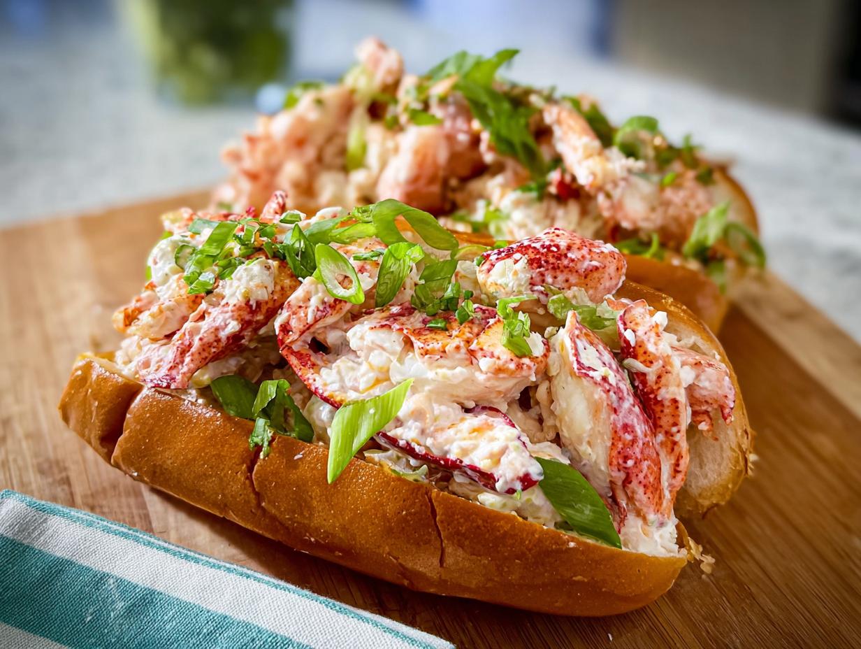 Two delicious lobster roll sandwiches filled with fresh lobster meat and green onions, part of sandwich ideas recipes.