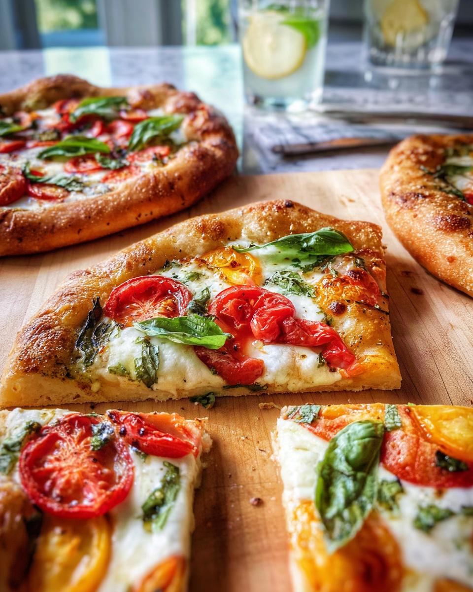 Close-up of a slice of Margherita pizza with fresh tomatoes, mozzarella, and basil, part of a pizza night recipe.