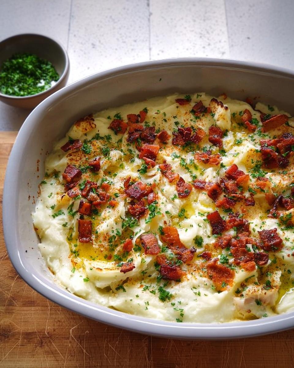 A close-up of a casserole dish filled with creamy mashed potatoes topped with crispy bacon bits and fresh parsley.
