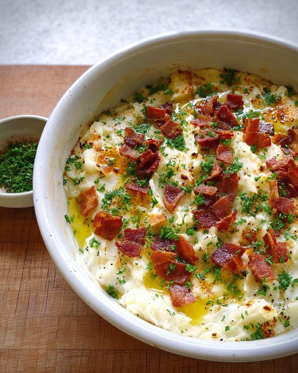 Close-up of creamy mashed potatoes topped with crispy bacon bits and fresh parsley.