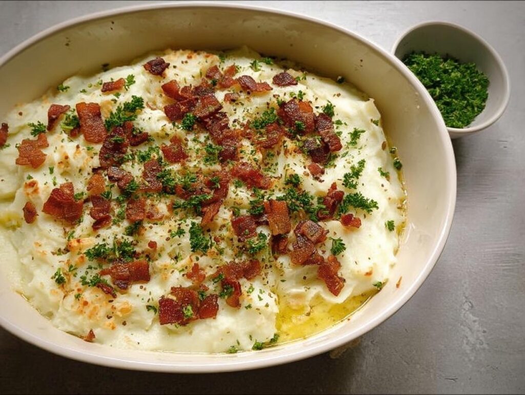 A close-up of creamy mashed potatoes topped with crispy bacon bits and fresh parsley, a delicious recipe idea.