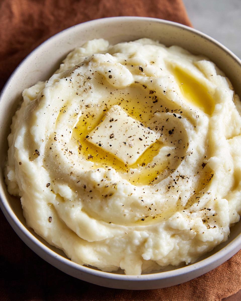 Close-up of creamy mashed potatoes topped with a pat of butter, melted butter, and cracked black pepper.