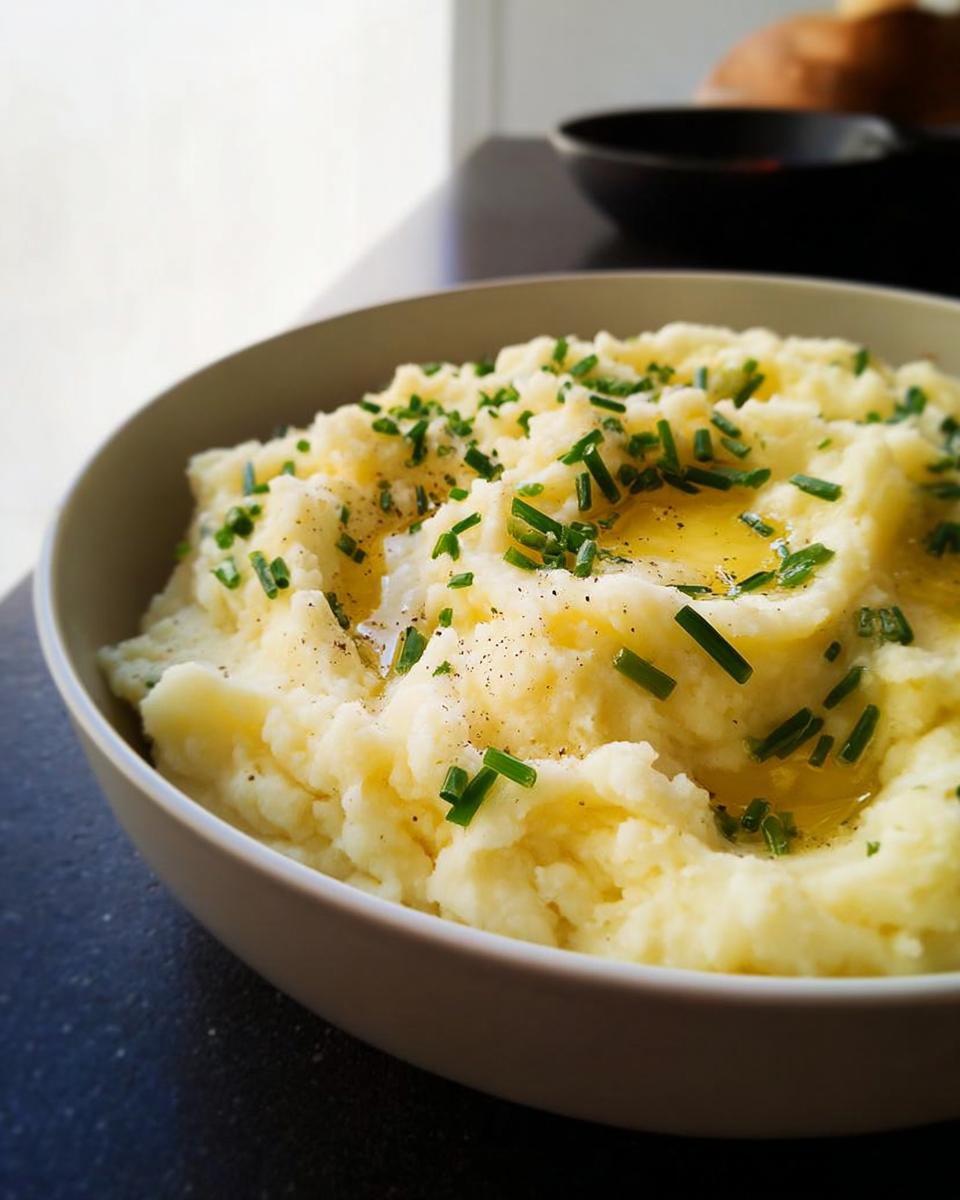 A bowl of fluffy mashed potatoes topped with melted butter, chives, and black pepper. Perfect for beginners.