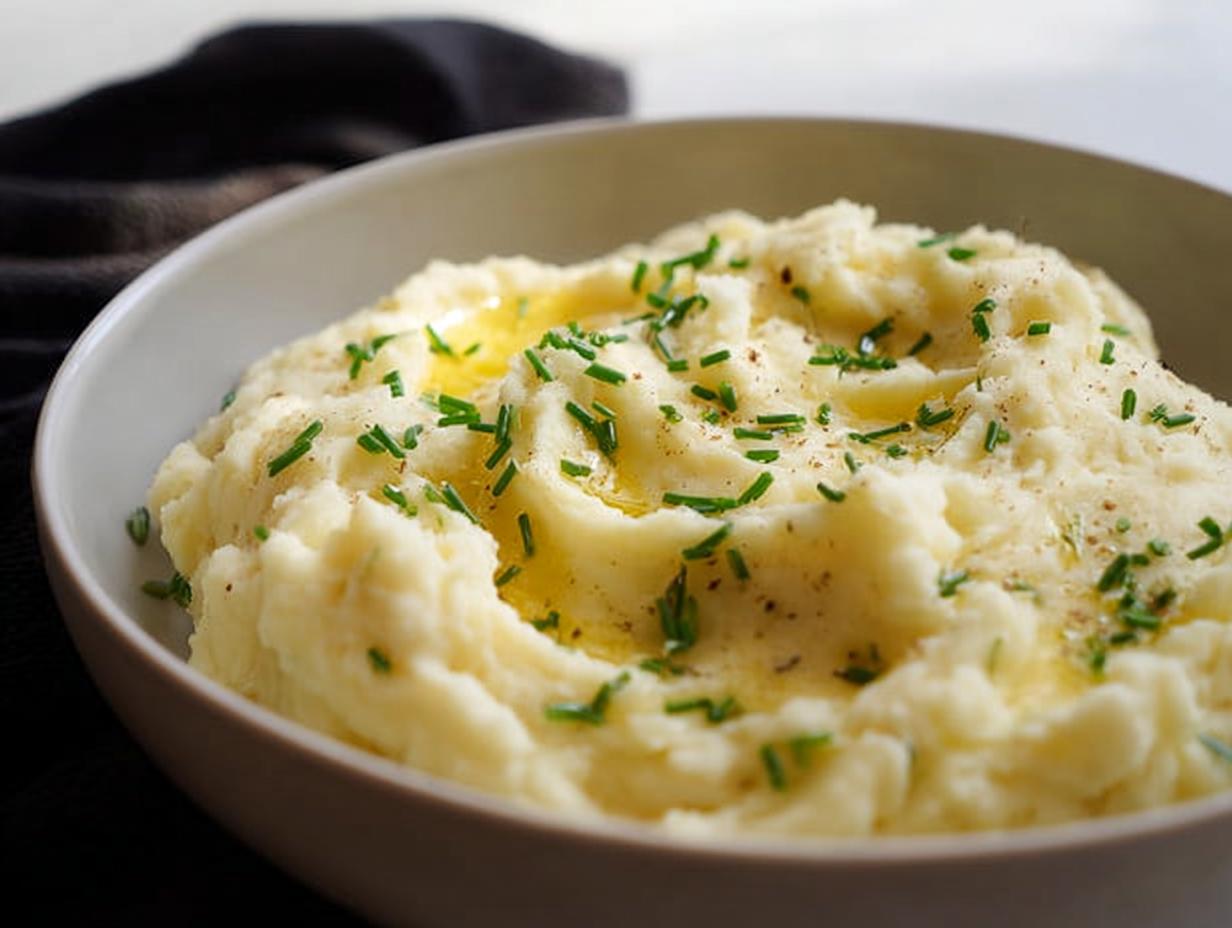 A close-up of fluffy mashed potatoes topped with melted butter and fresh chives, perfect for beginners.