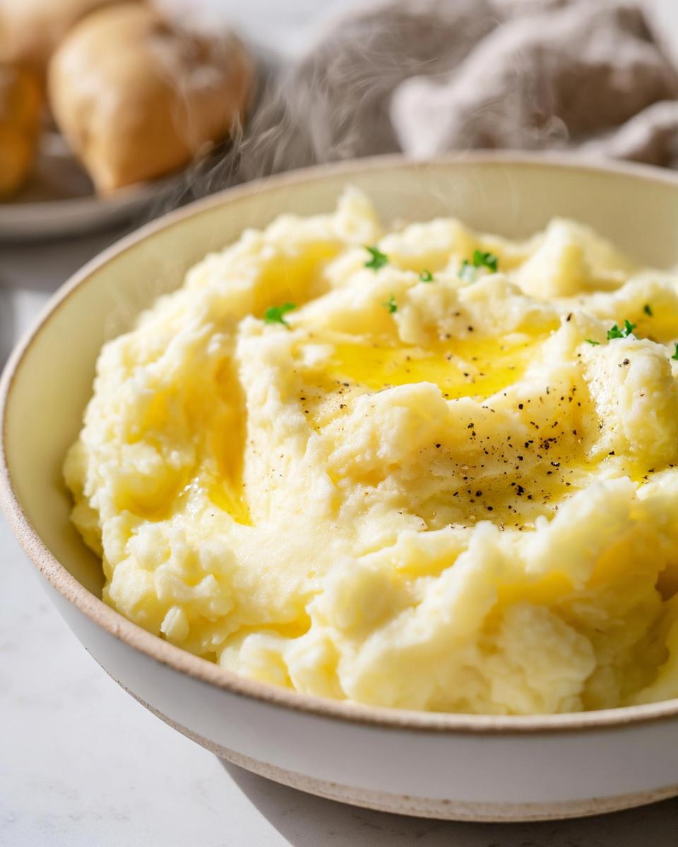 Steaming bowl of creamy mashed potatoes topped with melted butter, black pepper, and parsley. A quick and easy mashed potatoes recipe.