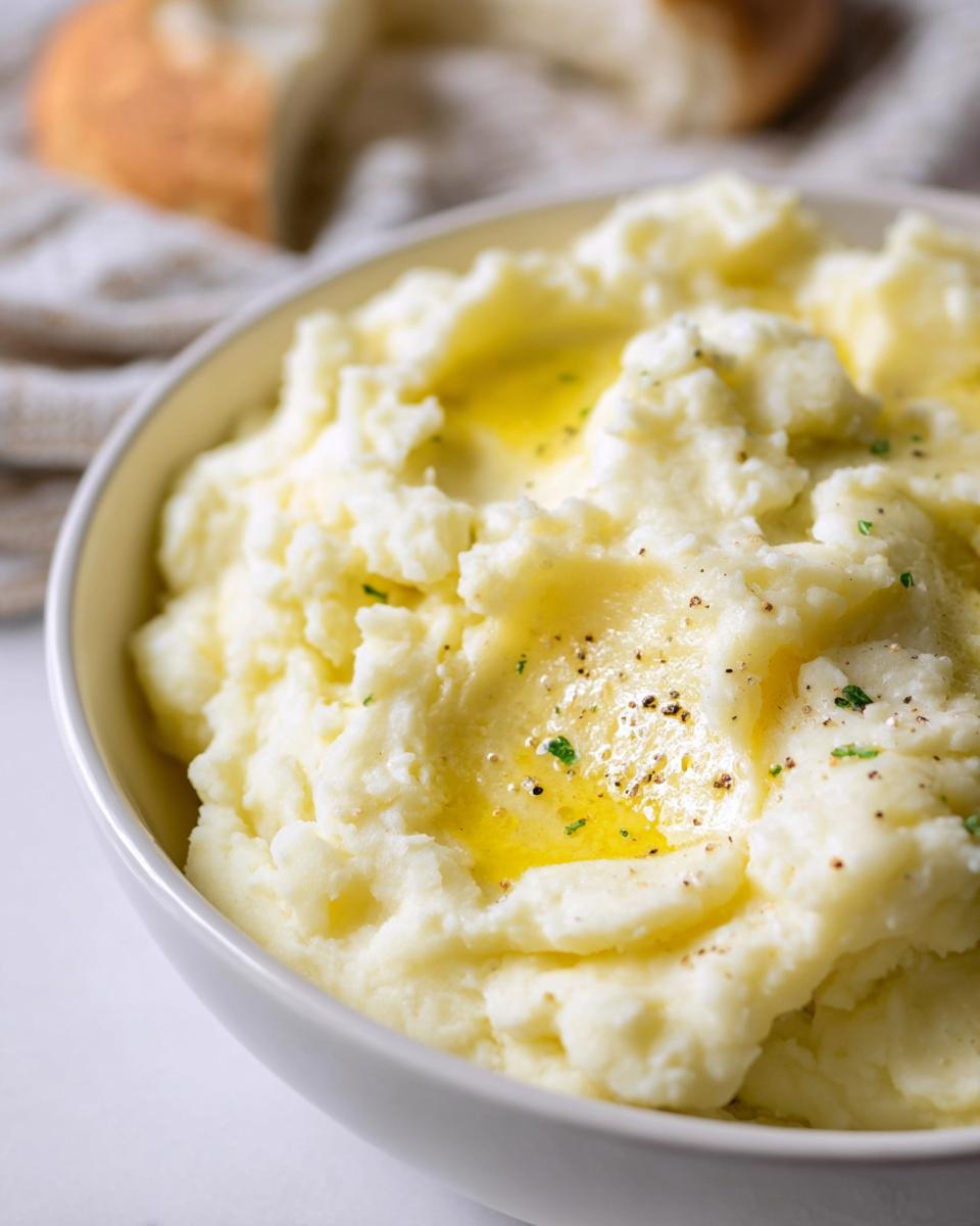 Close-up of a bowl of fluffy mashed potatoes topped with melted butter, black pepper, and parsley.