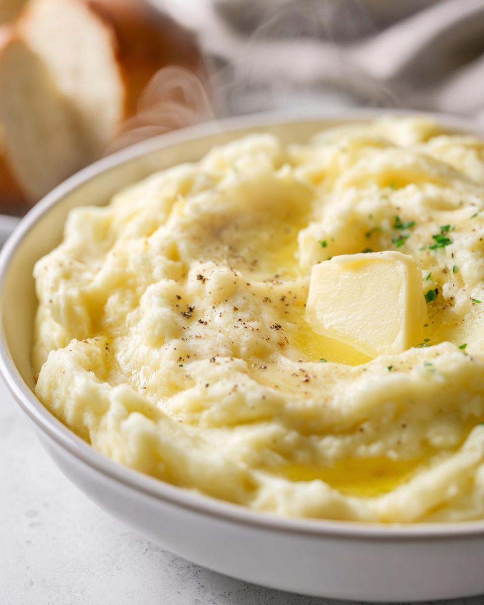 A close-up of fluffy mashed potatoes topped with melting butter, black pepper, and parsley. Part of a bread loaf is visible in the background.