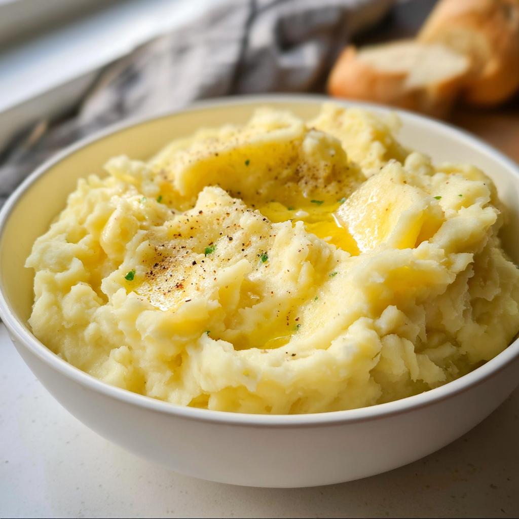 A bowl of creamy mashed potatoes recipe topped with melting butter and black pepper.