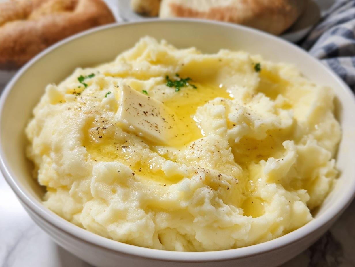 Close-up of a bowl of creamy mashed potatoes topped with a pat of butter, melted butter, and black pepper.