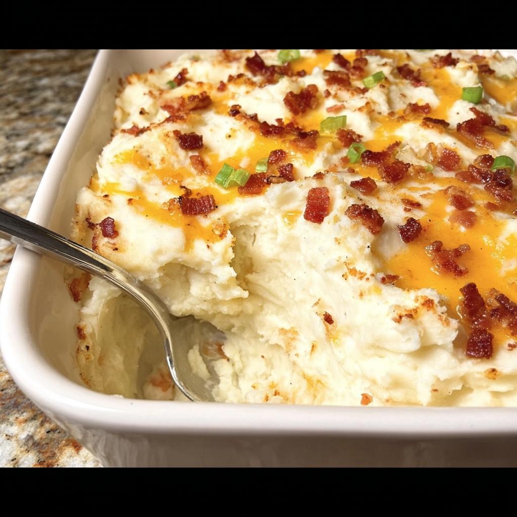 Close-up of a creamy mashed potatoes recipe casserole topped with melted cheddar cheese, crispy bacon bits, and chopped green onions.
