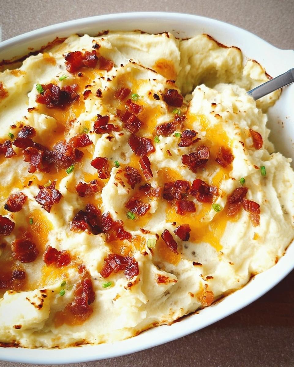 Close-up of a white baking dish filled with creamy mashed potatoes topped with melted cheddar cheese, crispy bacon bits, and chives.