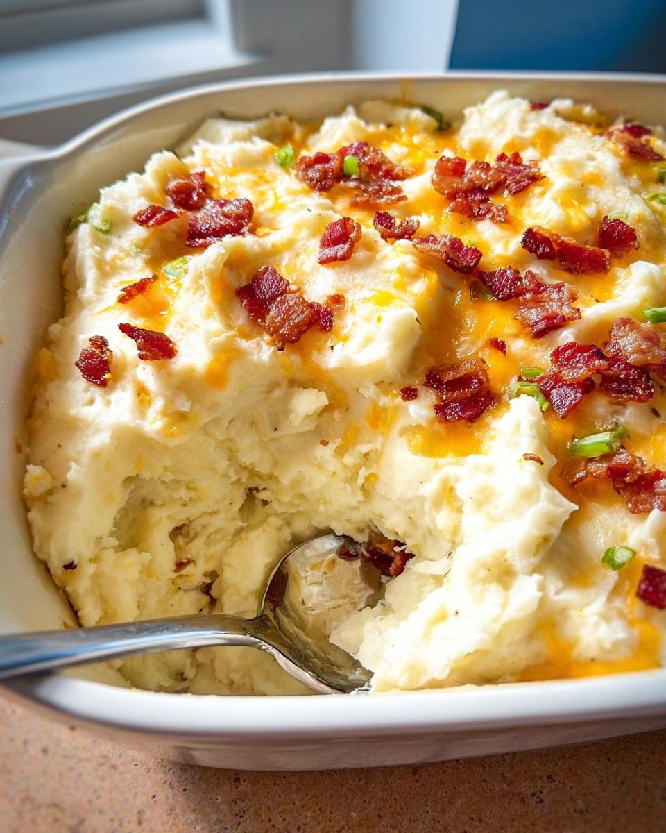 A close-up of creamy mashed potatoes recipe topped with melted cheddar cheese, crispy bacon bits, and chopped green onions.