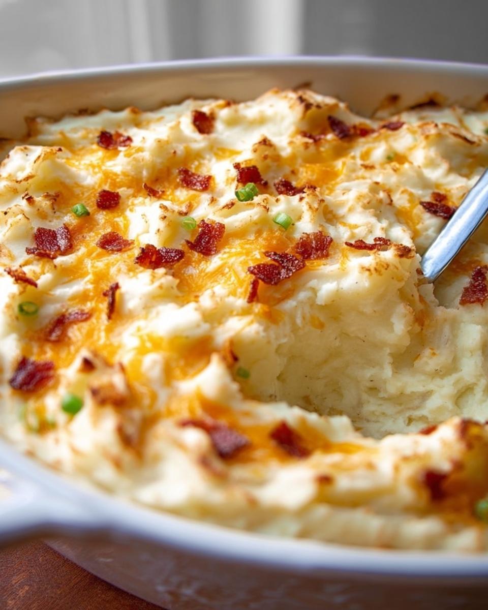 A close-up of a creamy mashed potatoes recipe topped with melted cheddar cheese and crispy bacon bits.
