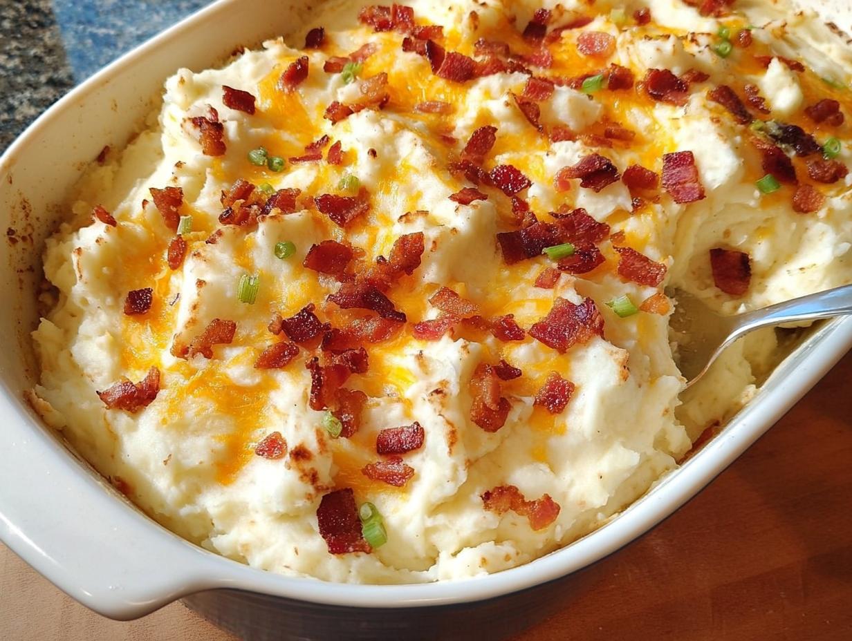 A close-up of a baking dish filled with creamy mashed potatoes topped with melted cheddar cheese, crispy bacon bits, and chopped chives. This is a popular mashed potatoes recipe.