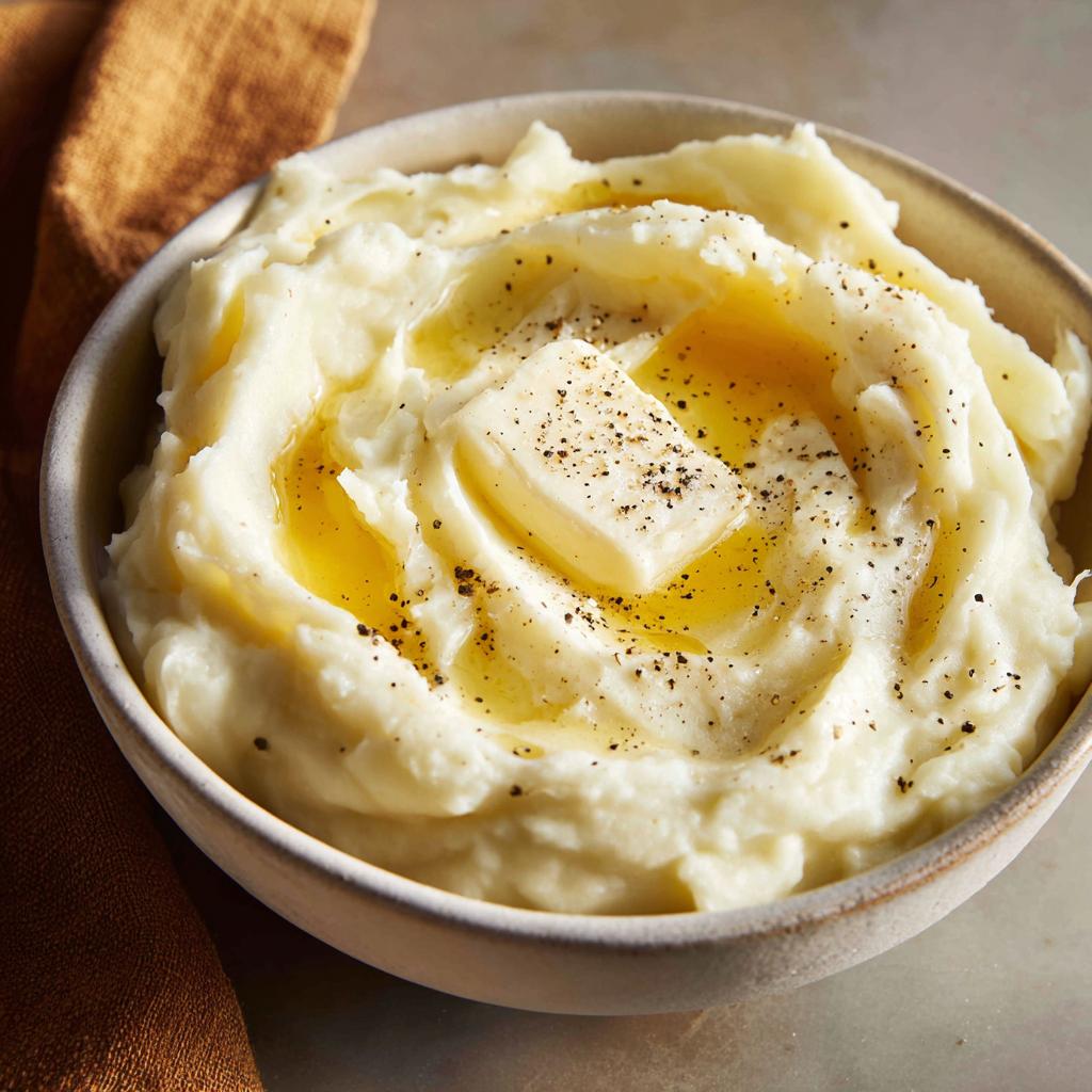 A close-up of a bowl of fluffy mashed potatoes topped with a pat of butter and melted butter, seasoned with cracked black pepper.