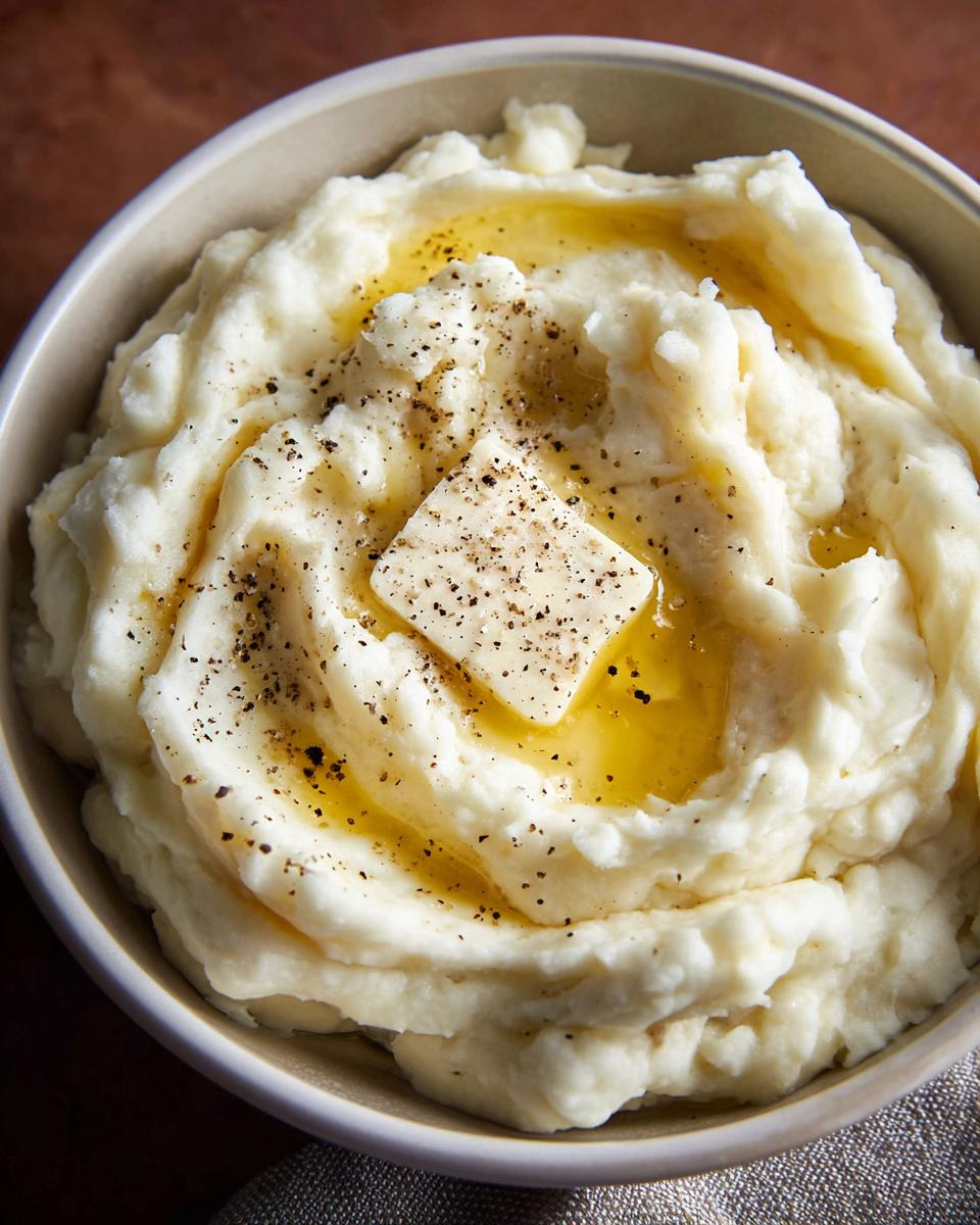 A close-up of creamy mashed potatoes topped with a pat of butter and melted butter, seasoned with black pepper.