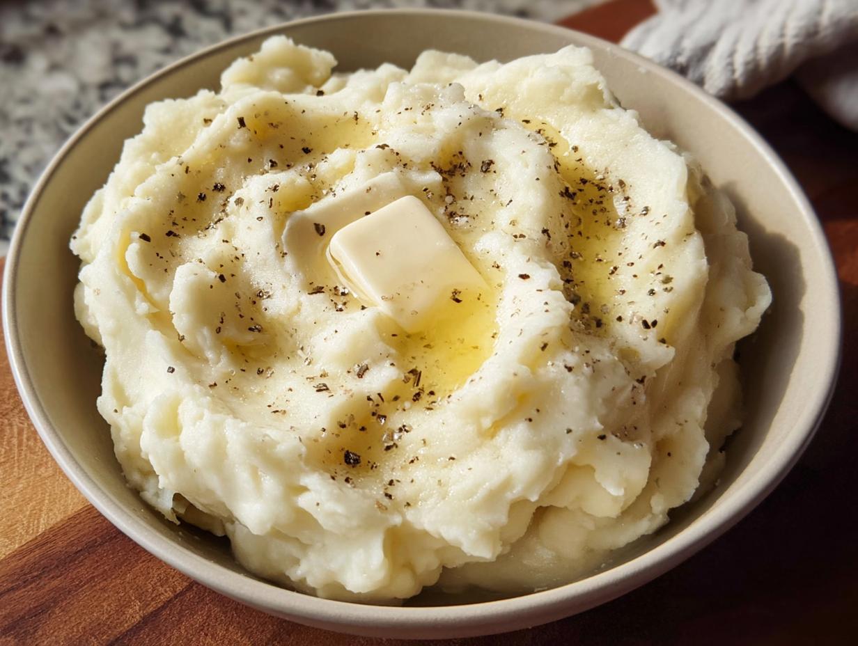 A bowl of creamy mashed potatoes topped with a melting pat of butter and cracked black pepper.