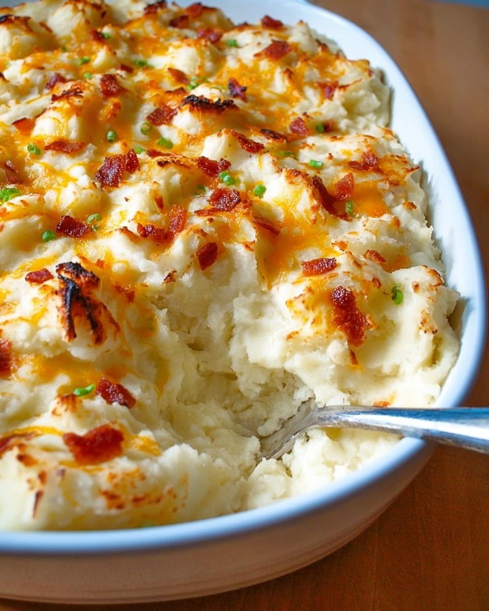 A close-up of a creamy mashed potatoes recipe casserole topped with melted cheddar cheese and crispy bacon bits.